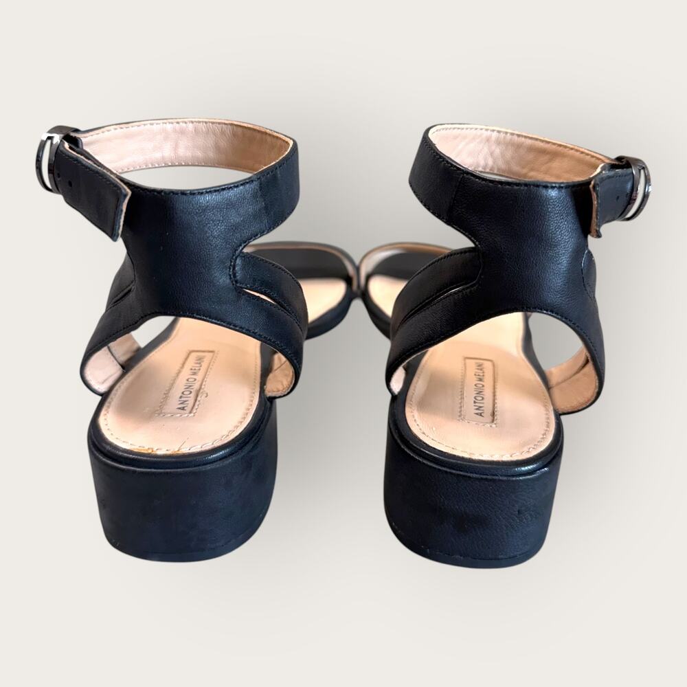 Antonio Melani Black Leather Ankle Strap Dress Sandals Womens 9.5 Low Block Heel - Picture 3 of 10